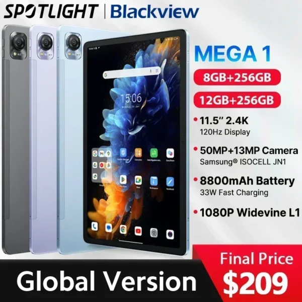 【World Premiere】Blackview MEGA 1 Tablet 11.5 inch 2.4K 120Hz Display 8GB/12GB 256GB 8800mAh 50MP+13MP Camera 33W Fast Charging