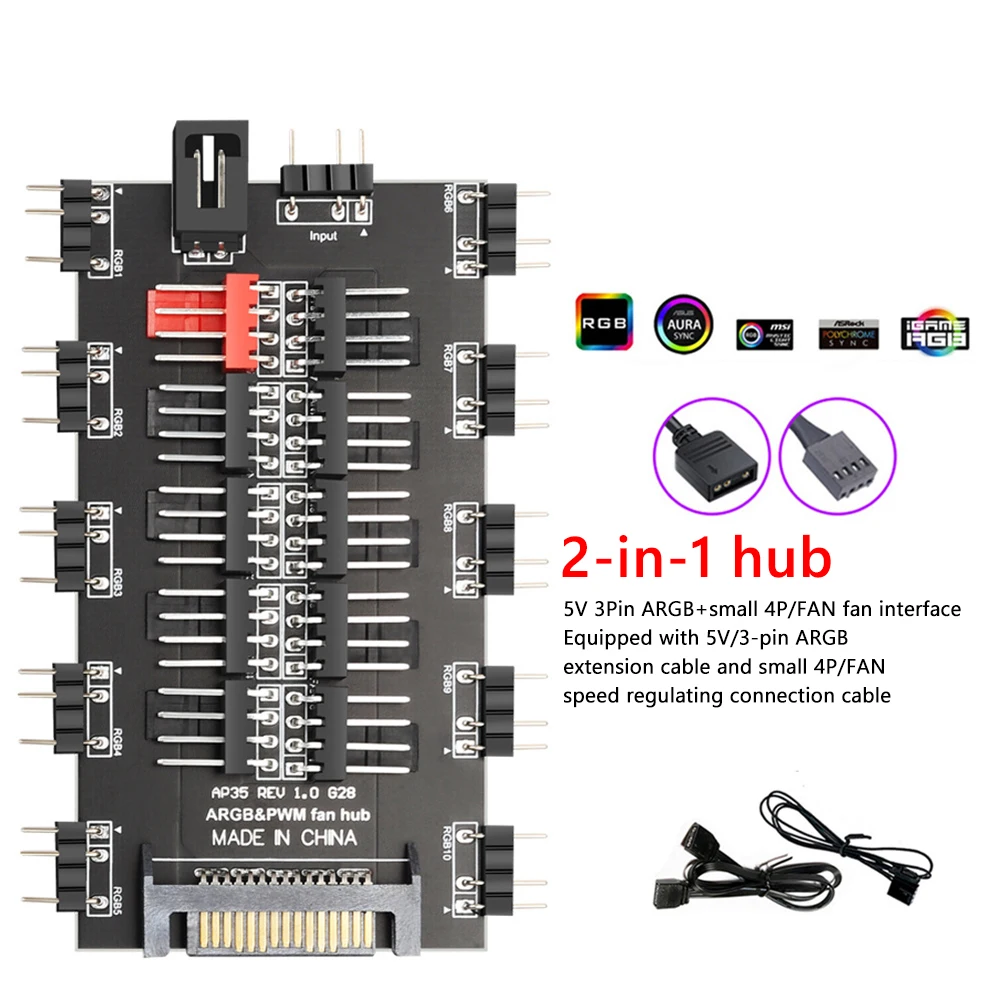 2 in 1 Multi Splitter Fan Hub 5V 3PIN ARGB SATA Power Fan Splitter 12V 4PIN PWM Computer Accessories 10 Way HUB for PC Chassis - Image 2