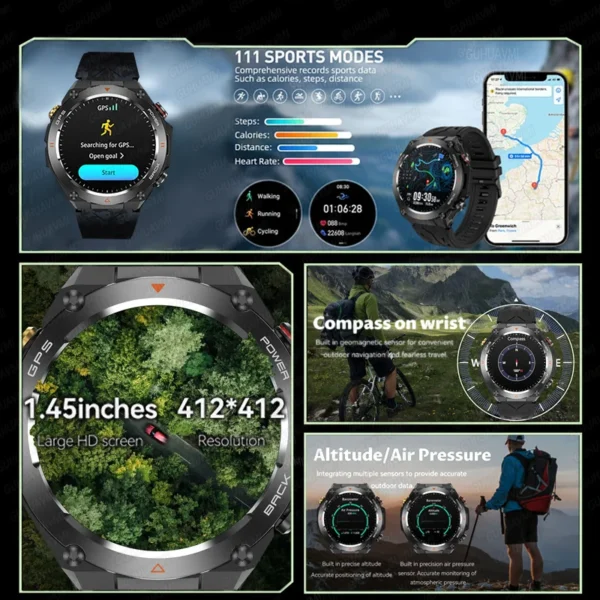 For HUAWEI Sports Smart Bracelet Men Watch 1.85 AMOLED Screen GPS Compass Altimeter Waterproof Bluetooth Call New Smart Watches - Image 2